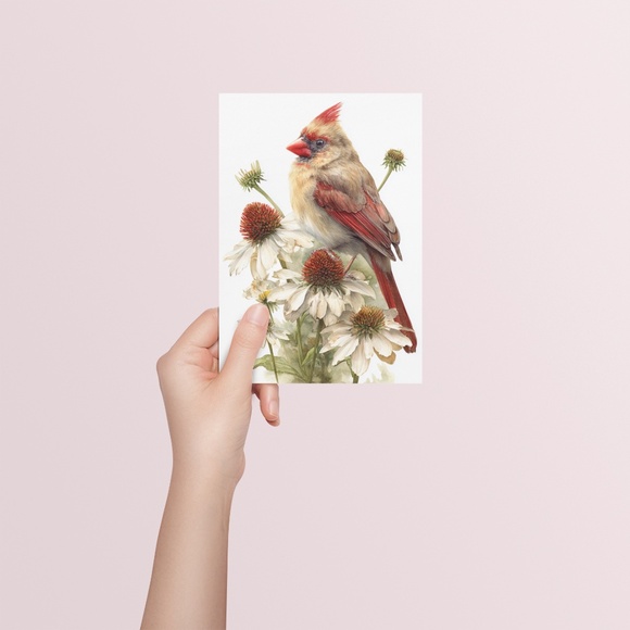 Watercolor Female Cardinal Bird with Coneflowers Wall Art Print Unframed - Picture 5 of 7